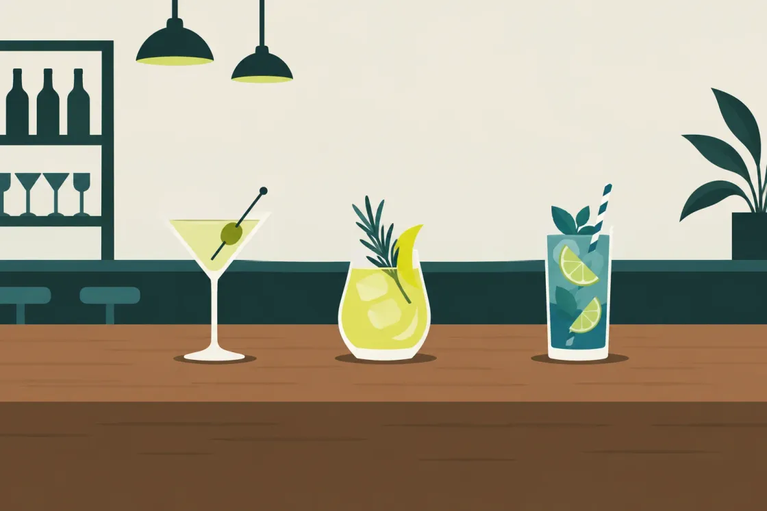 Una barra genérica muestra un cóctel clásico, uno de autor y un mocktail sin alcohol.